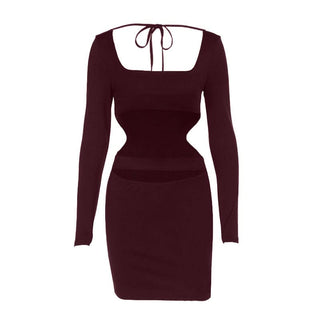 Long sleeve hollow out square neck self tie cut out mini dress