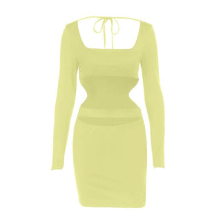 Long sleeve hollow out square neck self tie cut out mini dress