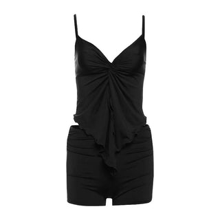 V neck solid ruched ruffle cami short pant set