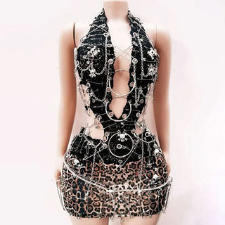 Leopard print halter hollow out skull applique cut out mini dress
