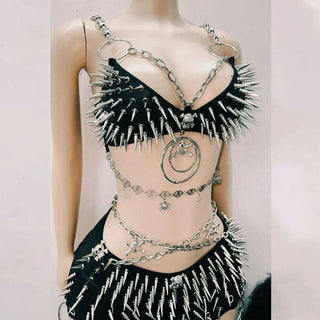 Metal chain rivet applique o ring cami mini skirt set