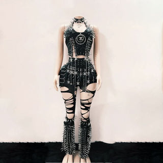 Rivet halter PU leather skull applique leg warmer top