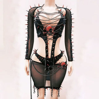 Long sleeve rivet metal chain skull applique o ring top