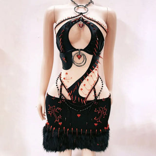 Halter hollow out beaded sweetheart applique mini skirt set