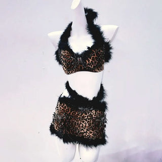 Leopard print spider applique fluffy mini skirt set