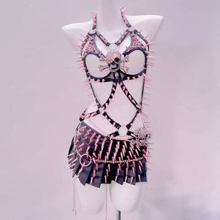 Hollow out rivet applique o ring pleated mini skirt set