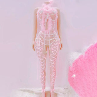 Bowknot feather hollow out ribbon jumpsuit