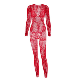 Long sleeve hollow out crewneck fishnet jumpsuit