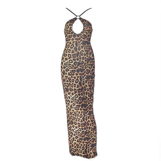 Leopard print hollow out crewneck self tie cut out maxi dress
