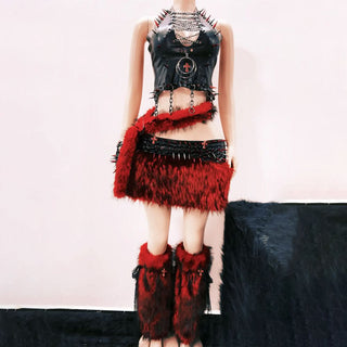 Metal chain o ring PU leather hollow out rivet applique cut out top