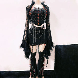 Long sleeve metal chain rivet applique mini skirt set