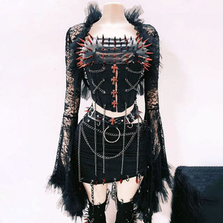 Long sleeve metal chain rivet applique mini skirt set