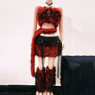 Fluffy skull applique zip-up lace hem tube top