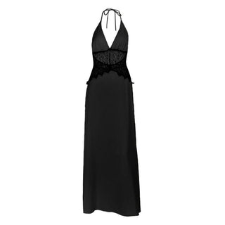 Halter self tie v neck lace hem zip-up maxi dress
