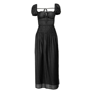 Ruched puff sleeve self tie backless maxi dress