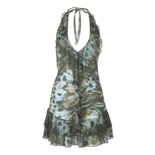 Halter self tie v neck print ruffle mini dress