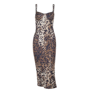 Leopard print slit v neck cami midi dress