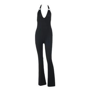 O ring halter self tie v neck black jumpsuit