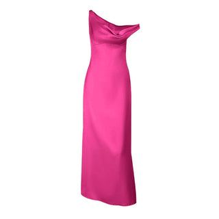 One shoulder irregular satin zip-up maxi dress