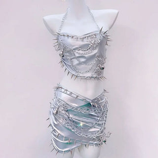 Metal chain halter rivet applique metallic mini skirt set