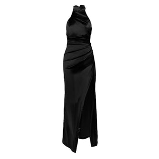 Halter ruched slit irregular zip-up maxi dress