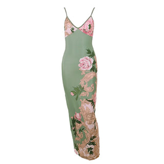V neck flower print backless cami maxi dress