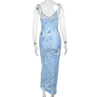 V neck flower print backless cami maxi dress