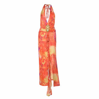 Slit halter self tie v neck print maxi dress