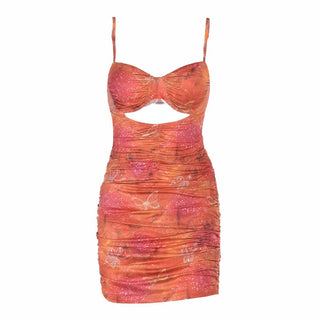 Ruched hollow out v neck print cami cut out mini dress