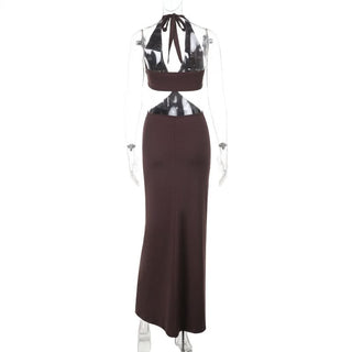 Halter self tie v neck brown maxi dress