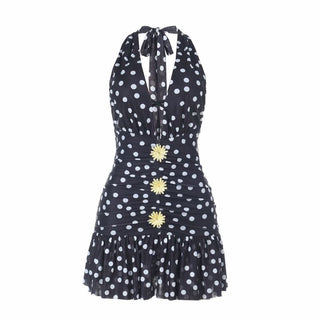 Polka dot halter ruched v neck self tie mini dress