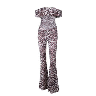 Leopard print off shoulder ruched jumpsuit
