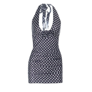 Polka dot self tie halter flower applique mini dress