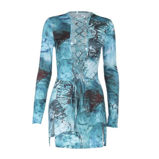 Long sleeve hollow out self tie slit print cut out mini dress