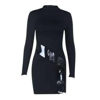 Irregular long sleeve hollow out crewneck cut out mini dress