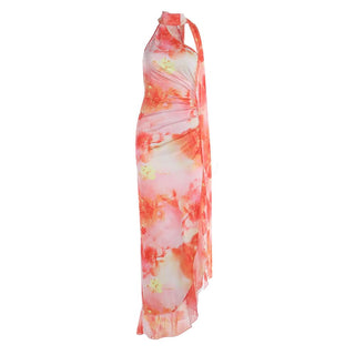 Ruched slit ruffle irregular print maxi dress