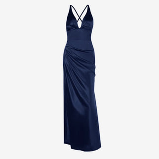 Satin v neck ruched backless cami maxi dress