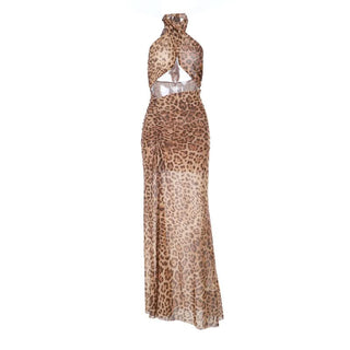 Leopard print slit cross front hollow out cut out maxi dress