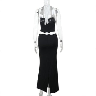 Halter self tie ruched corset maxi skirt set