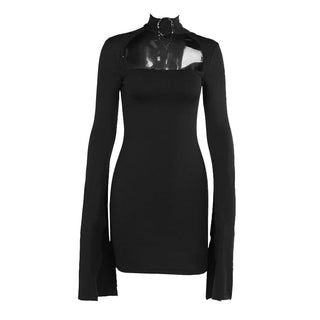 Long sleeve hollow out buckle slit cut out mini dress