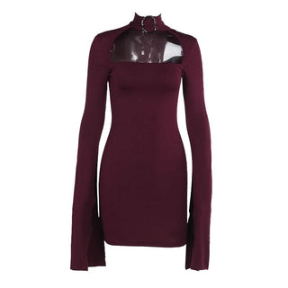Long sleeve hollow out buckle slit cut out mini dress