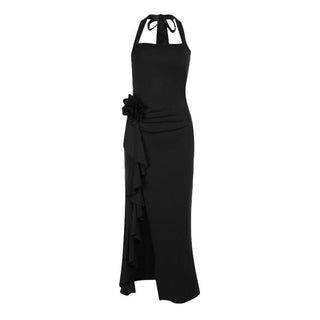 Slit flower applique halter square neck midi dress