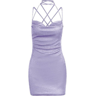 Cross back self tie cowl neck cami mini dress