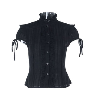 Short sleeve ruffle high neck self tie top