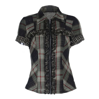 Plaid ruffle zip-up turnover collar short sleeve top