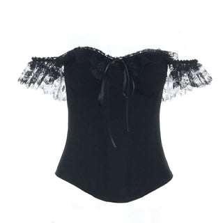 Lace hem off shoulder ribbon zip-up tube top