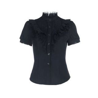 Short sleeve ruffle high neck self tie top