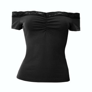 Off shoulder lace hem ruched ribbed top