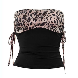 Drawstring ruched leopard print tube top