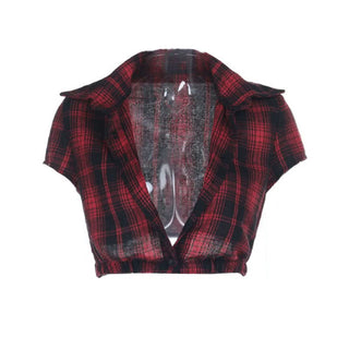 Plaid short sleeve button turnover collar top